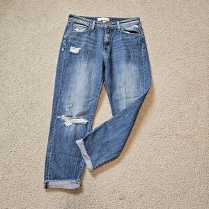 Flying Monkey Distressed Cropped Boyfriend Jeans - Medium Blue